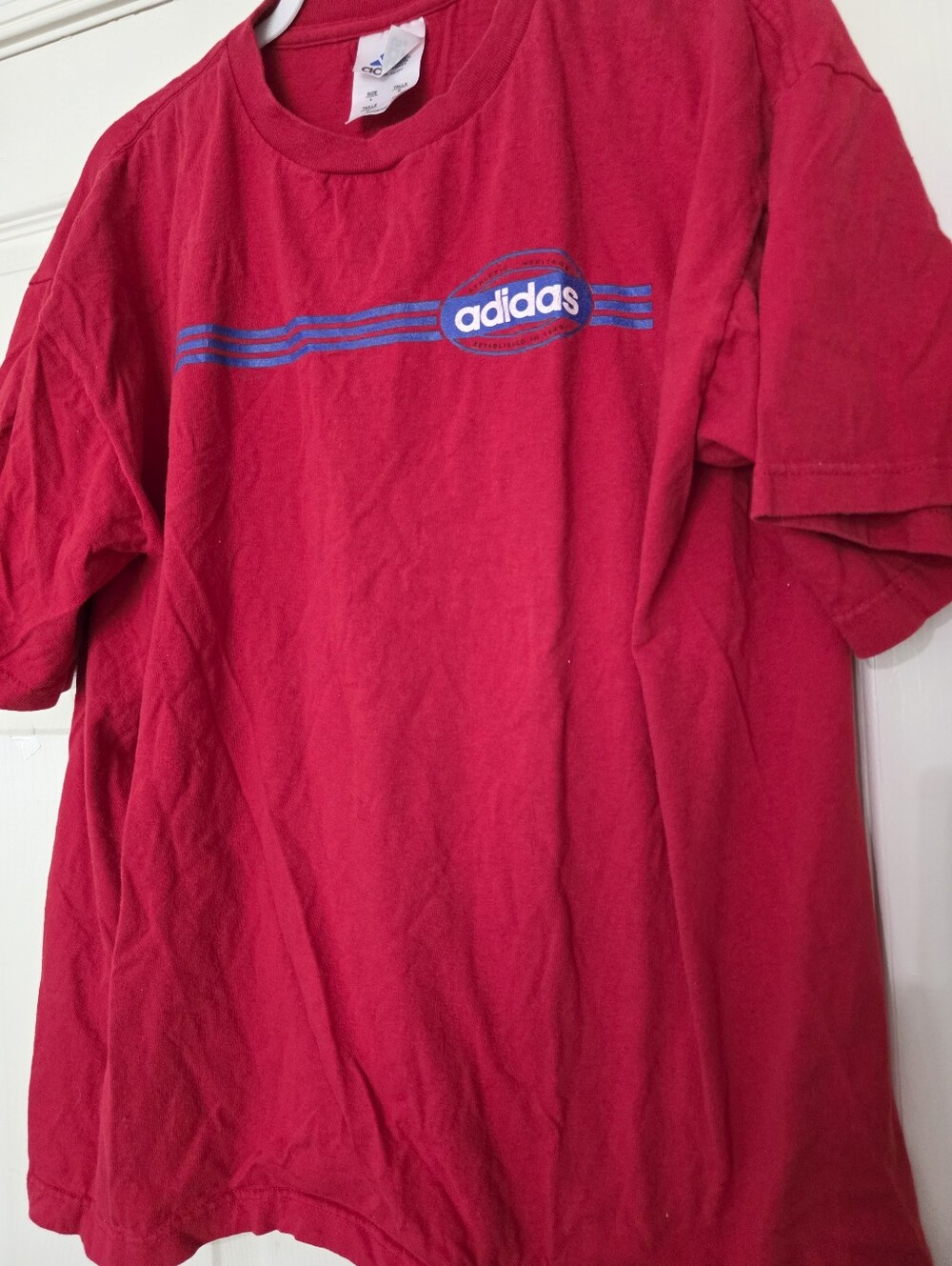 Vintage Mens Red Short Sleeve Adidas T Shirt Horizontal 3 Stripe Size L